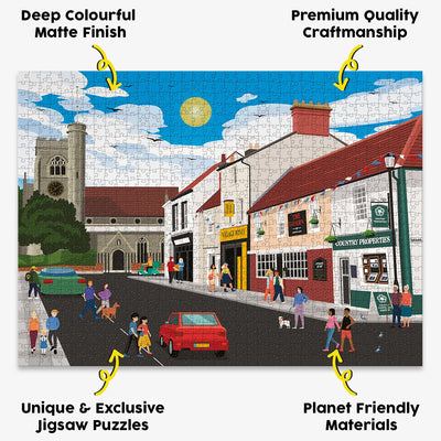 Welwyn High Street jigsaw puzzle presented with the benefits of our products highlighted around it