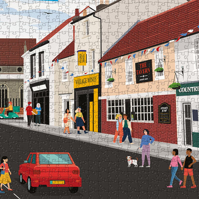 A closeup view of our Welwyn High Street jigsaw puzzle which depicts an Illustrated village with buildings
