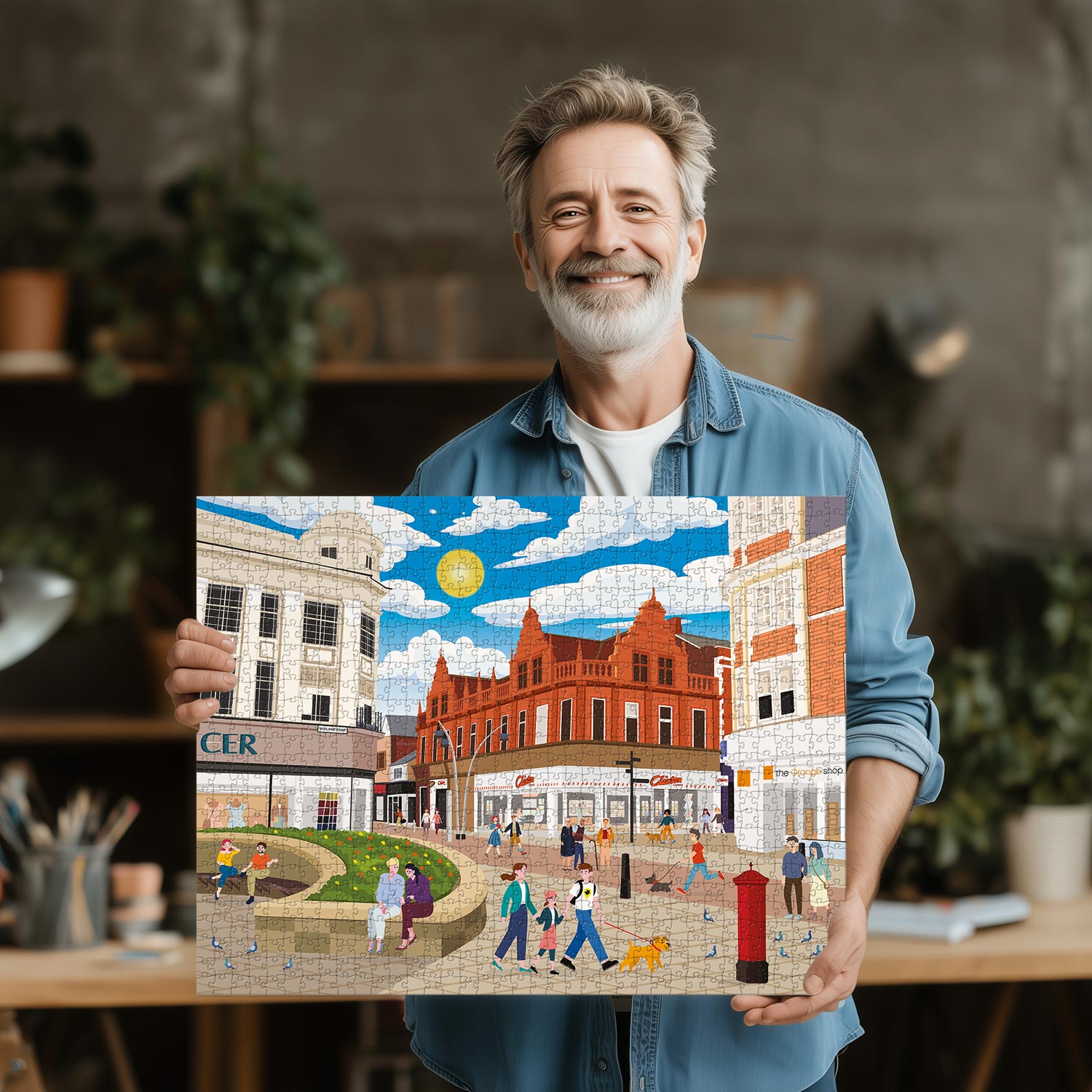 Man holding a completed Bedford town centre jigsaw puzzle in his office or studio