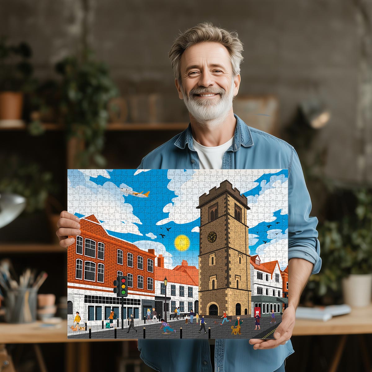 Man holding a completed St Albans Clock Tower jigsaw puzzle of a town scene with buildings and people.