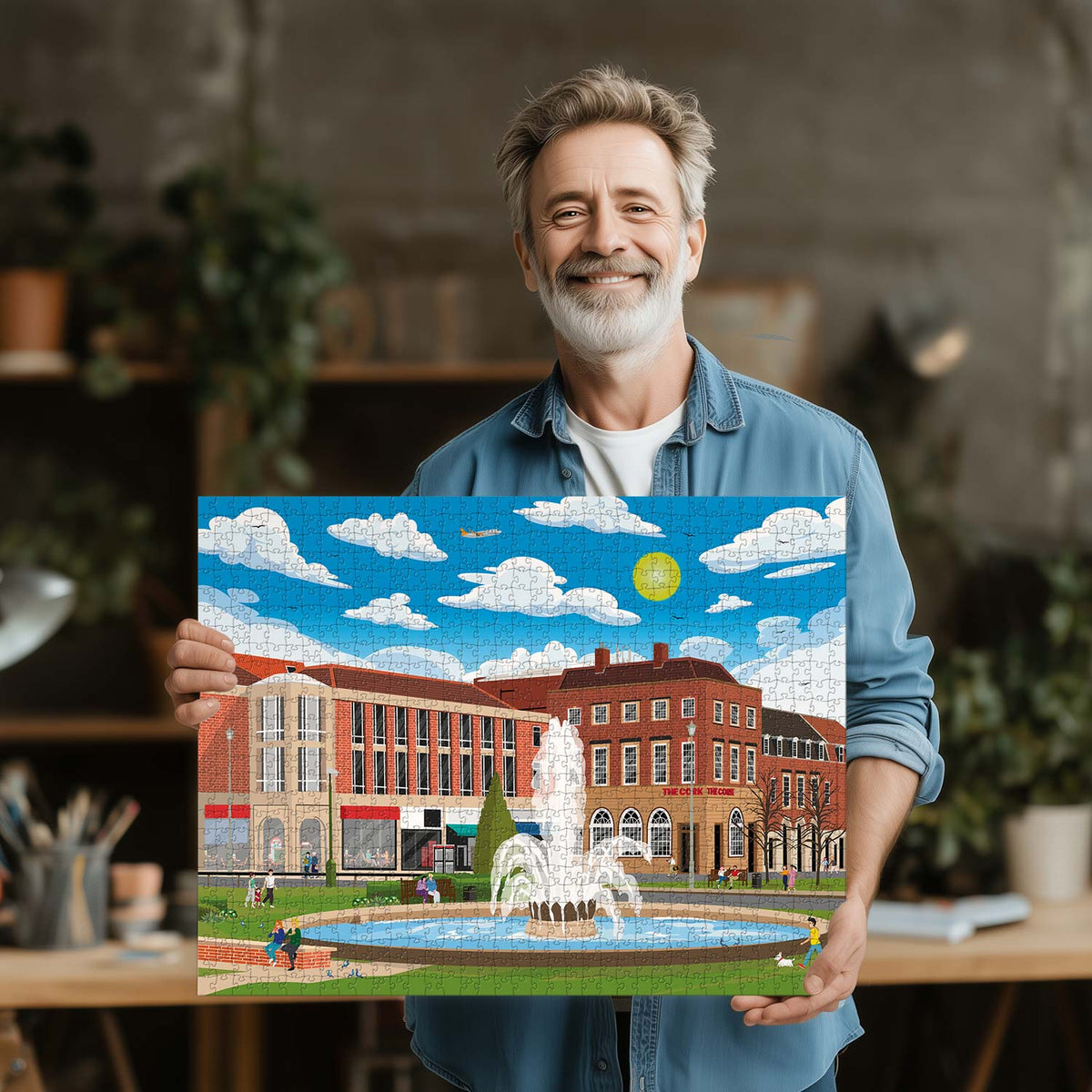 Man holding a completed Welwyn Garden City Town Centre jigsaw puzzle in his office or studio