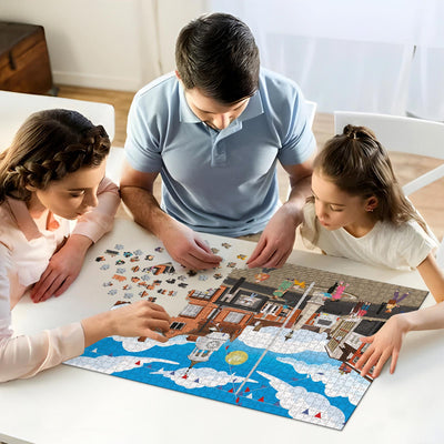 Parents and daughter working on solving our Ampthill Town Centre jigsaw puzzle at home