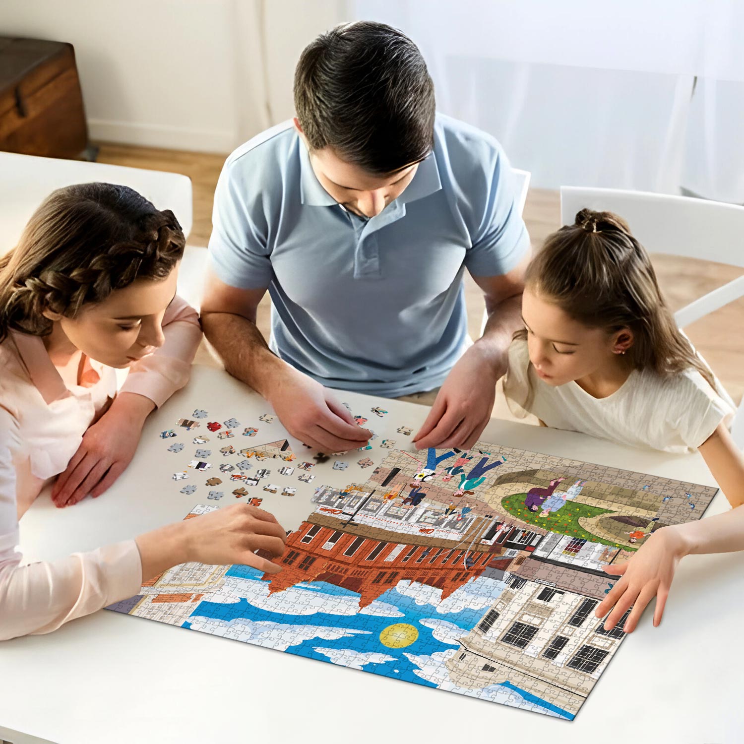 A mum, dad and daughter working on solving our Bedford town centre jigsaw puzzle at home