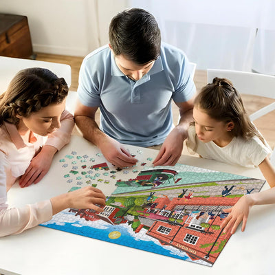 A mum, dad and daughter working on solving our Berkhamsted Grand Union  jigsaw puzzle at home