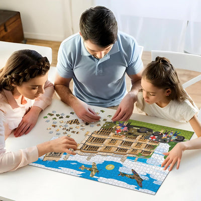 Parents and daughter working on solving our Biggleswade Shuttleworth House jigsaw puzzle at home