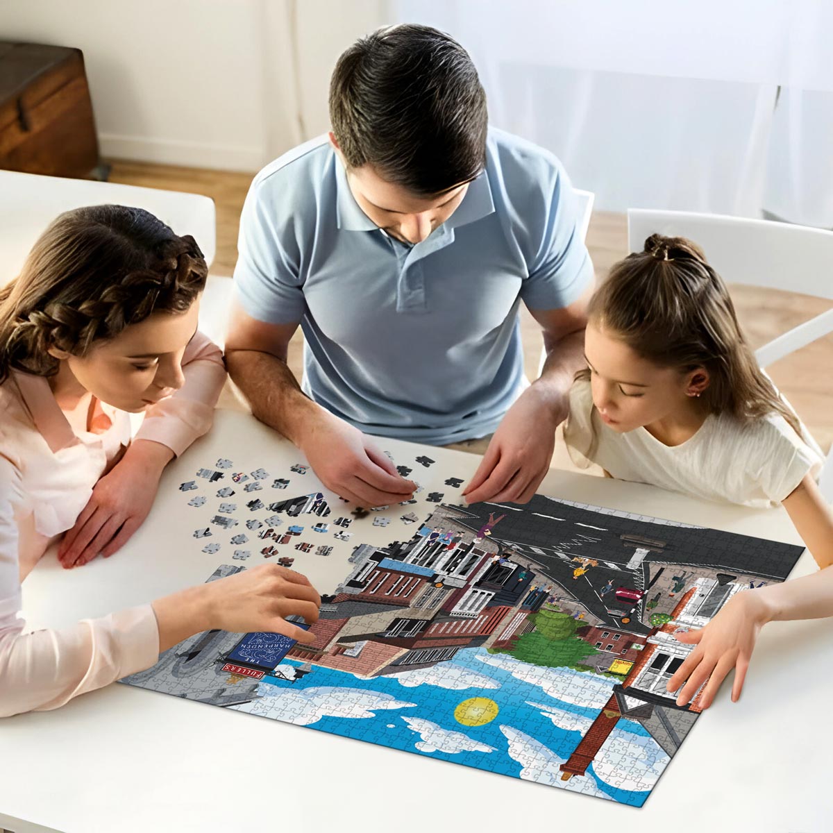 Parents and daughter working on solving our Harpenden High Street jigsaw puzzle at home