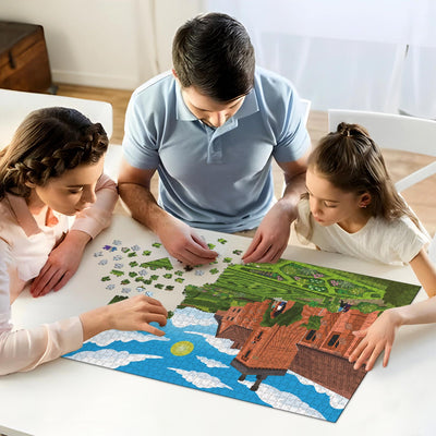Parents and daughter working on solving our Hatfield Old Palace jigsaw puzzle at home