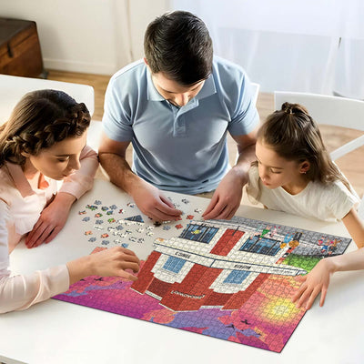 A mum, dad and daughter working on solving our Letchworth Broadway Cinema jigsaw puzzle at home