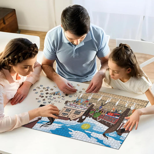 A mum, dad and daughter working on solving our Letchworth Leys Square jigsaw puzzle at home