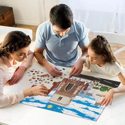 Parents and daughter working on solving our Shefford High Street jigsaw puzzle at home
