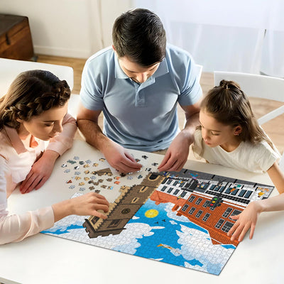 A mum, dad and daughter working on solving our St Albans Clock Tower  jigsaw puzzle at home