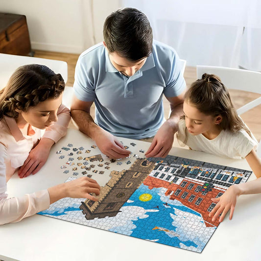 A mum, dad and daughter working on solving our St Albans Clock Tower jigsaw puzzle at home