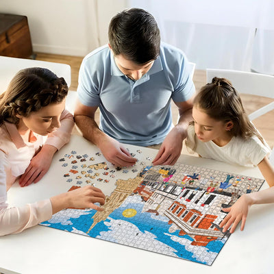 A mum, dad and daughter working on solving our Waltham Cross town centre jigsaw puzzle at home