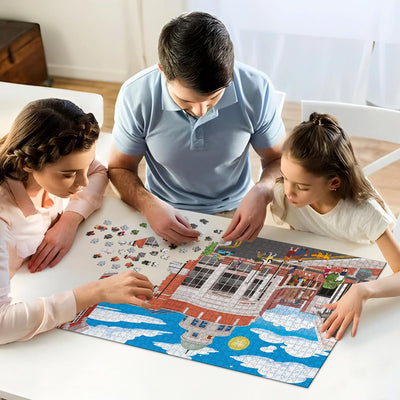 A mum, dad and daughter working on solving our Watford town centre jigsaw puzzle at home