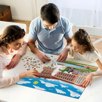 Parents and daughter working on solving our Welwyn Garden City Town Centre jigsaw puzzle at home