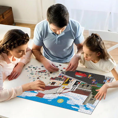 Parents and daughter working on solving our Welwyn High Street jigsaw puzzle at home