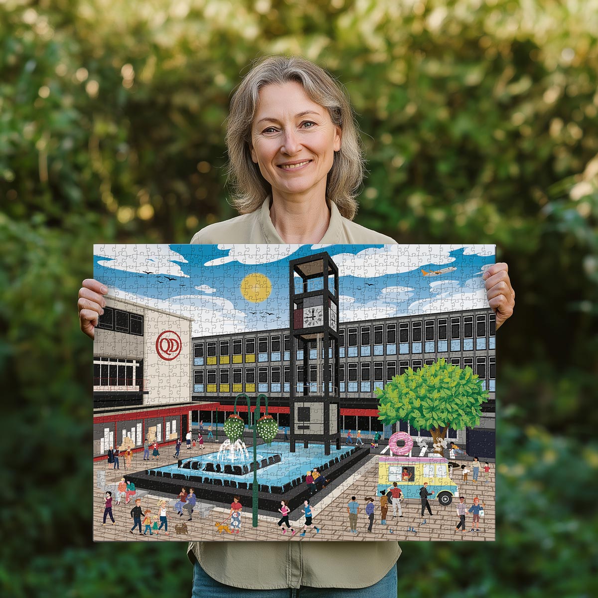 Woman holding a completed Stevenage town centre jigsaw puzzle in her garden